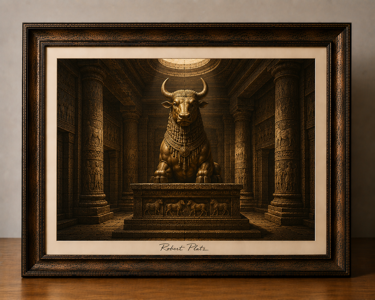 Bronze Bull Temple in an Ornate Frame